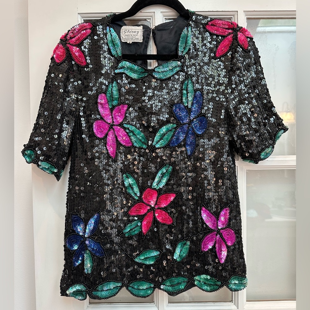 Vintage Stenay 80’s 100% Silk Sequin Art To Wear Floral Beaded Blouse Size S - Picture 11 of 11